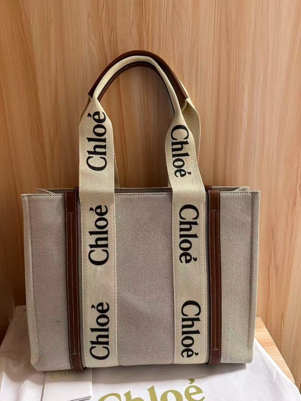 Chloé Woody Medium Tote Bag Beige Canvas Leather Medium Size